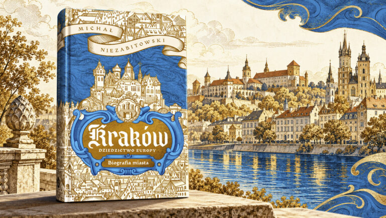 Kraków jako miasto, mit i europejskie dziedzictwo. Michał Niezabitowski opowiada biografię dawnej stolicy Okładka książki „Kraków. Dziedzictwo Europy. Biografia miasta” Michała Niezabitowskiego na tle grafiki Krakowa
