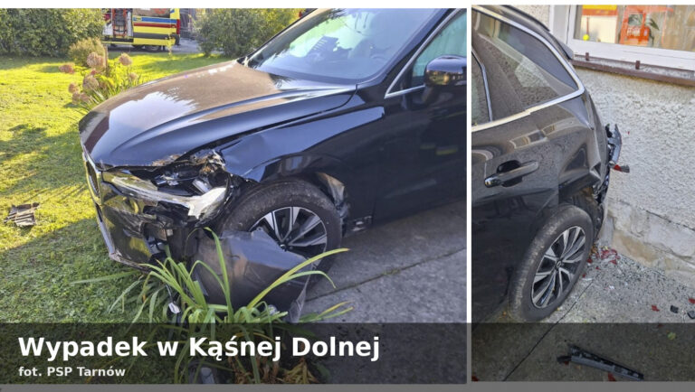 Samochód uderzył w dom w Kąśnej Dolnej. Dwie kobiety trafiły do szpitala